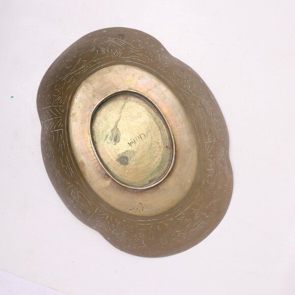 Vintage Chinese Brass Etched Bowl Longevity Prosperity Scalloped Edge Footed - Picture 7 of 13